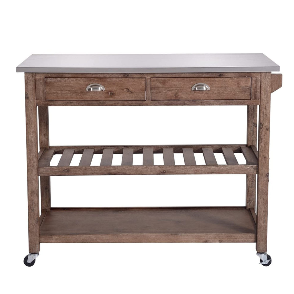 Benjara 2 Drawers Wooden Kitchen Cart With Metal Top And Casters, Gray And Brown