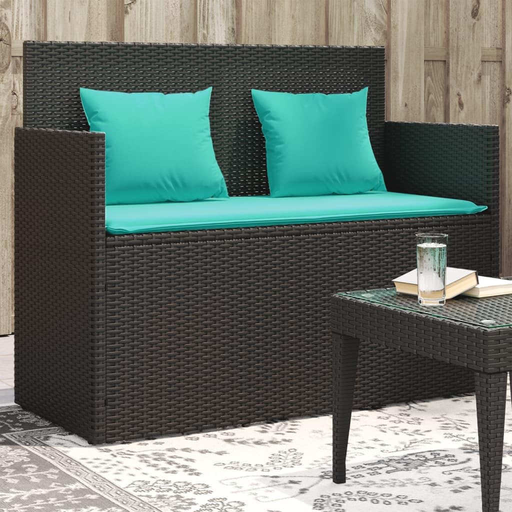 vidaXL Outdoor Loveseat Bench with Cushions - Black Poly Rattan Storage Seat - Patio Furniture with Water-Resistant Bag and Removable Covers - 47.2&quot; W