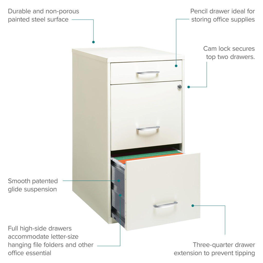 Hirsh Space Solutions 18' Deep 3-Drawer Contemporary Metal File Cabinet, Letter Size, Smooth Glides, For Small Office/Home Office, In Pearl White