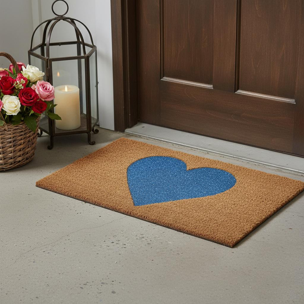17 X 29 Brown And Blue Heart Outdoor Coir Door Mat