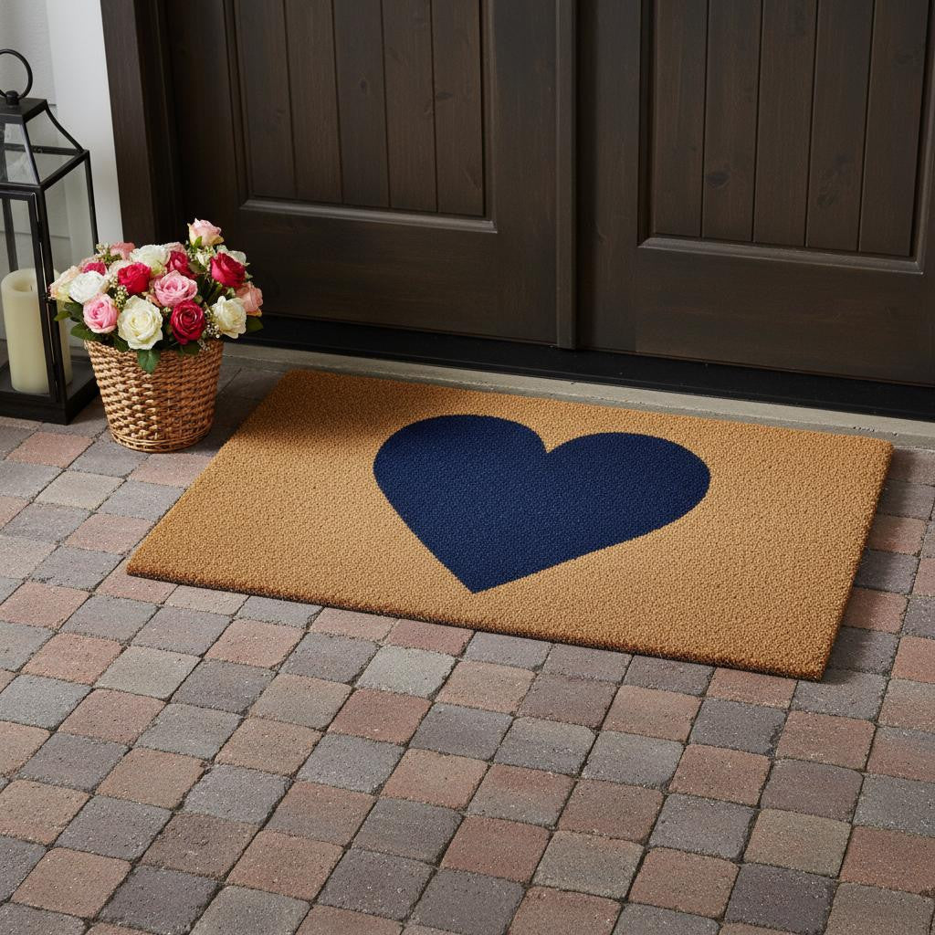 36 X 72 Dark Blue And Brown Valentines Day Heart Welcome Outdoor Coir Door Mat