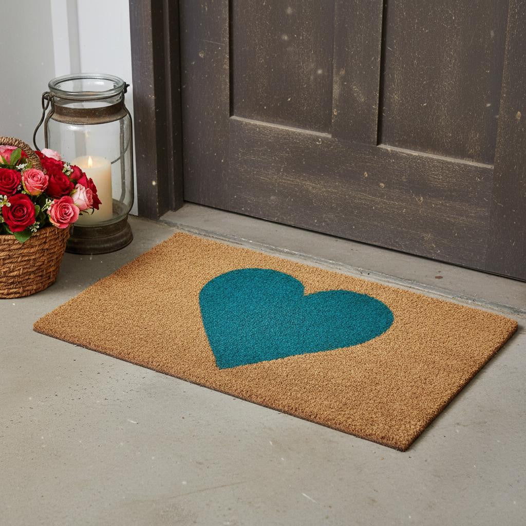 24 X 36 Brown And Turquoise Heart Outdoor Coir Door Mat