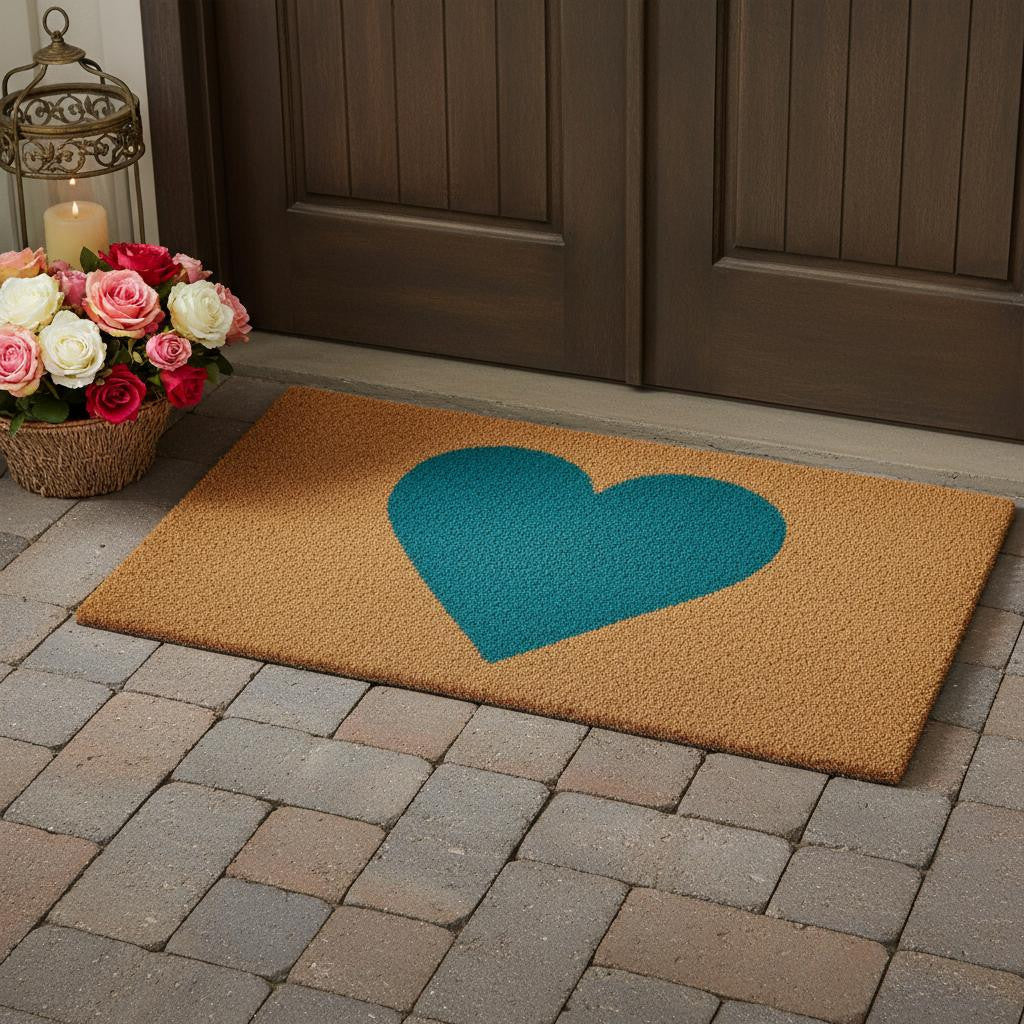 24 X 48 Brown And Turquoise Heart Outdoor Coir Door Mat