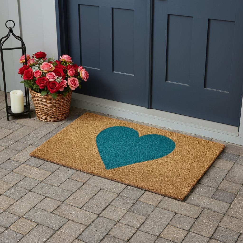 30 X 48 Brown And Turquoise Heart Outdoor Coir Door Mat