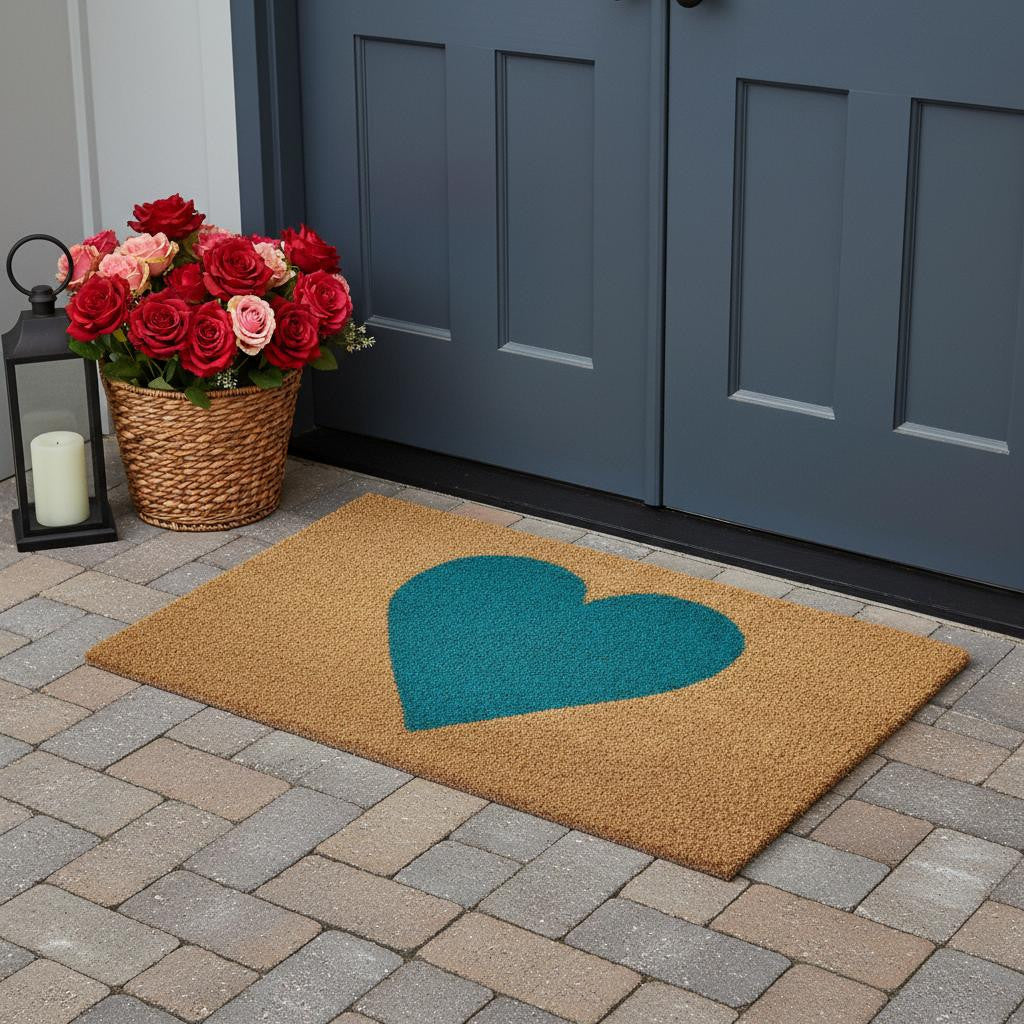 36 X 72 Brown And Turquoise Heart Outdoor Coir Door Mat