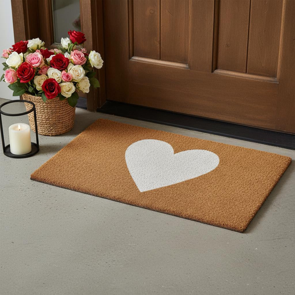17 X 29 Brown And White Heart Outdoor Coir Door Mat
