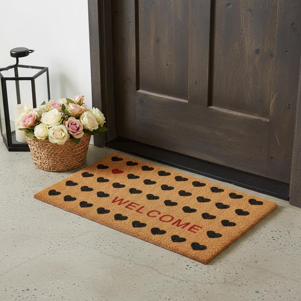 24 X 36 Brown Black And Red Hearts Welcome Outdoor Coir Door Mat