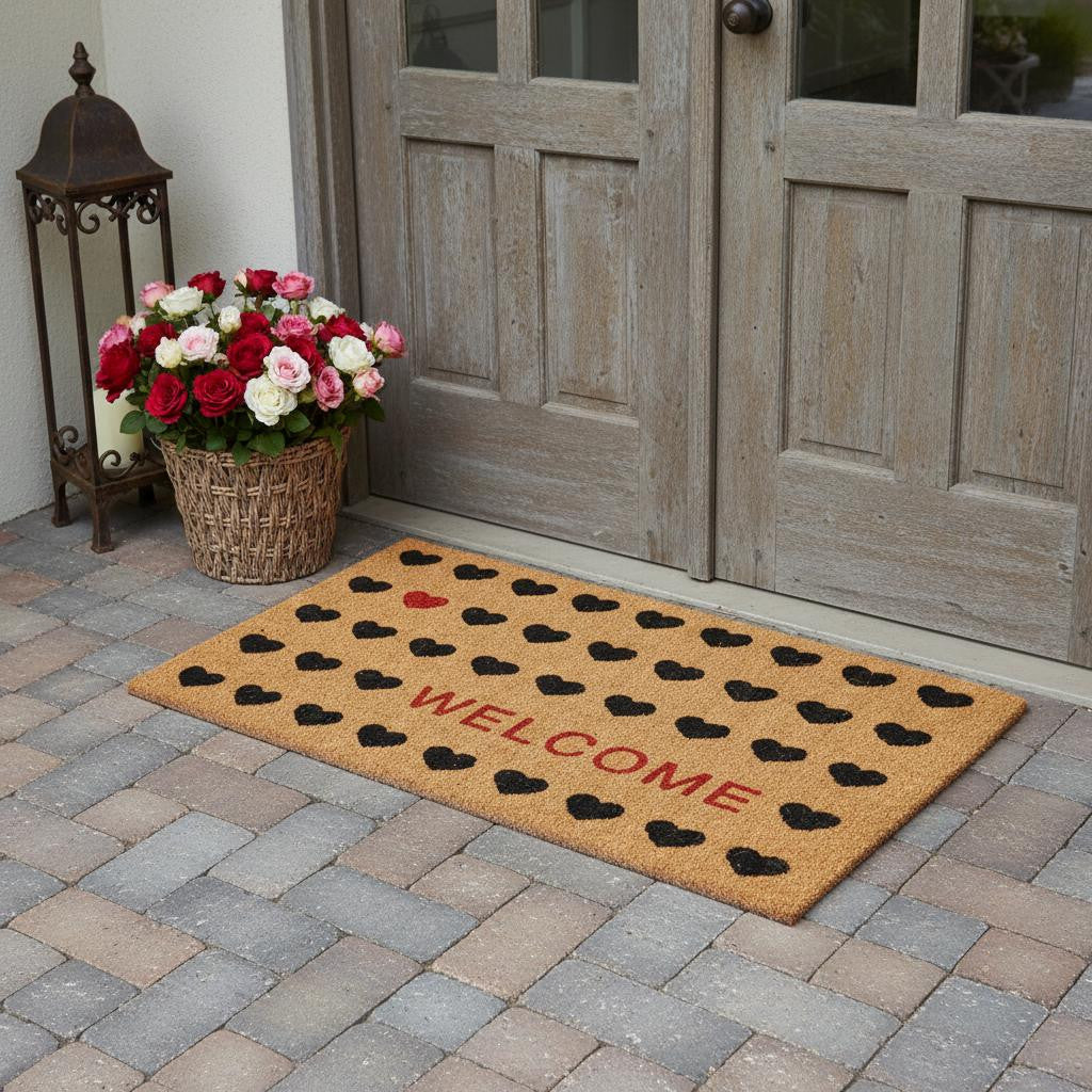 24 X 48 Brown Black And Red Hearts Welcome Outdoor Coir Door Mat