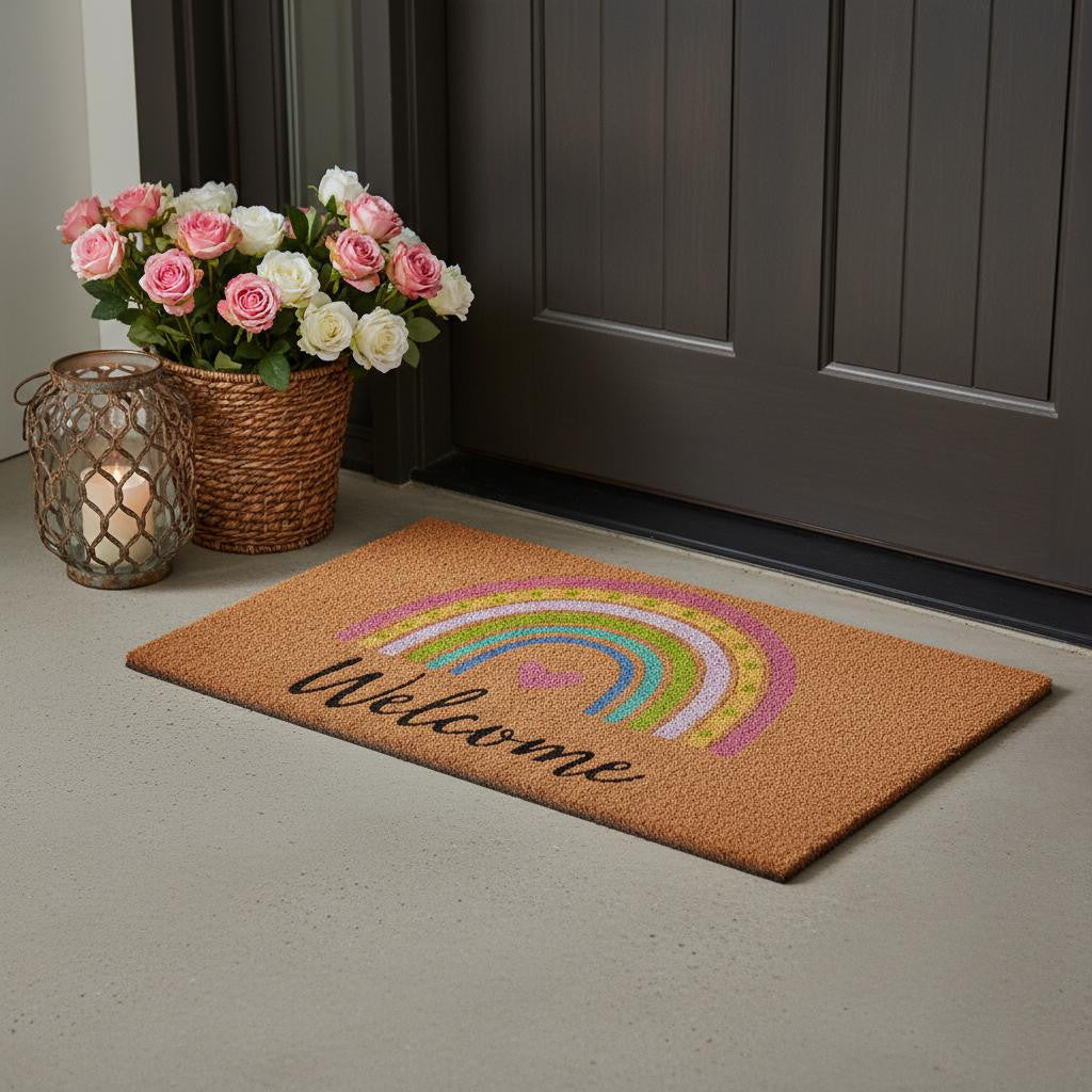 17 X 29 Brown And Pink Rainbow Welcome Outdoor Coir Door Mat