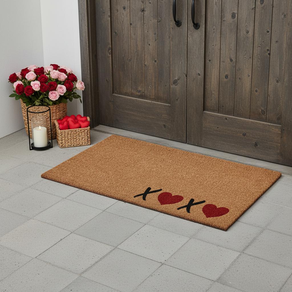 24 X 48 Brown Black And Red Valentines Day Heart XOXO Outdoor Coir Door Mat