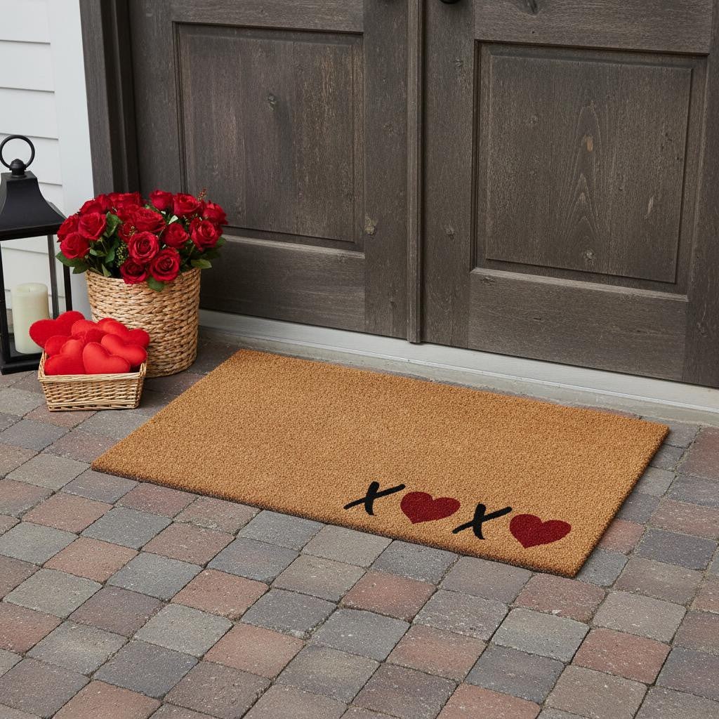 30 X 48 Brown Black And Red Valentines Day Heart XOXO Outdoor Coir Door Mat