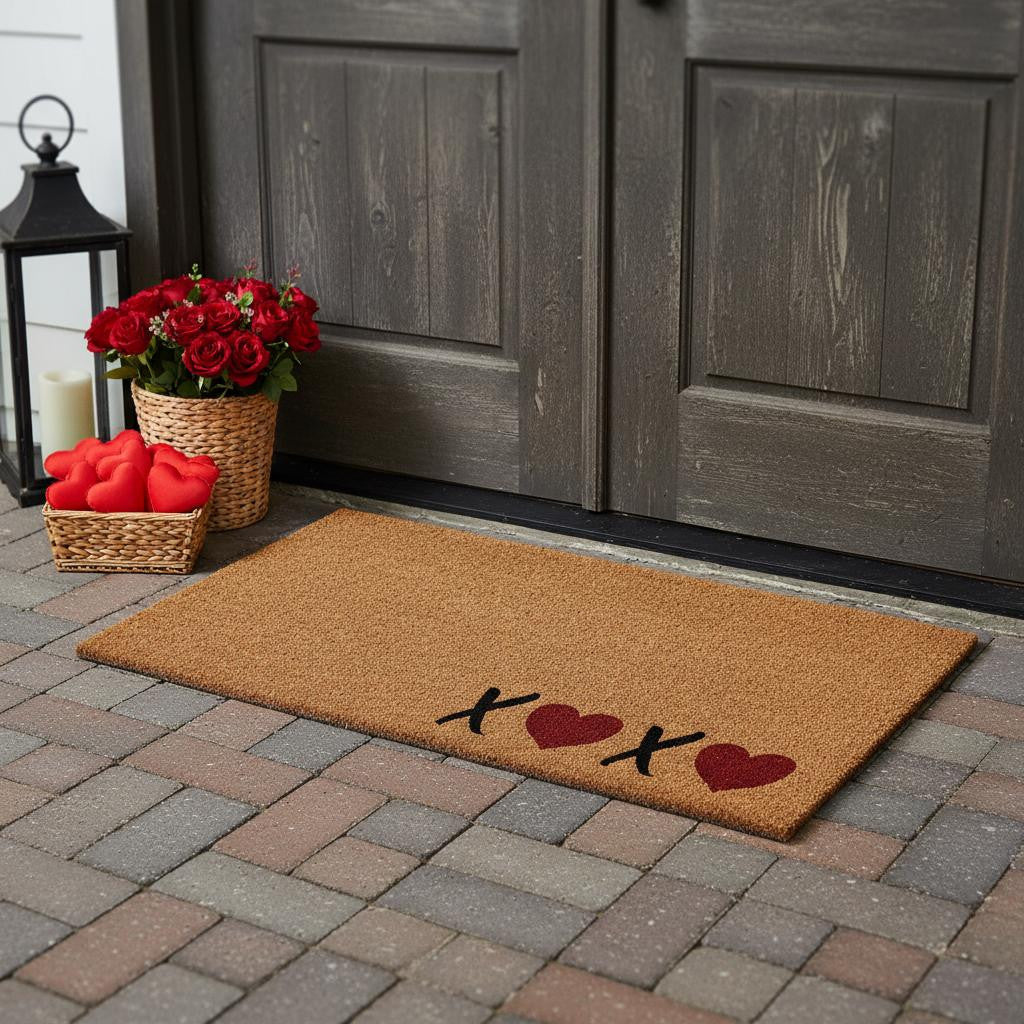 36 X 72 Brown Black And Red Valentines Day Heart XOXO Outdoor Coir Door Mat