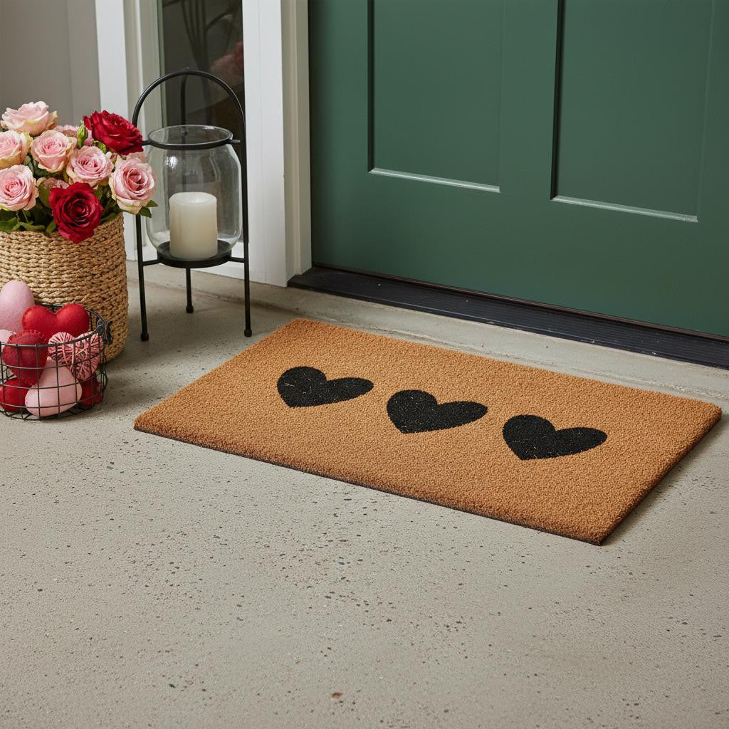 12 X 24 Black And Brown Three Hearts Outdoor Coir Door Mat