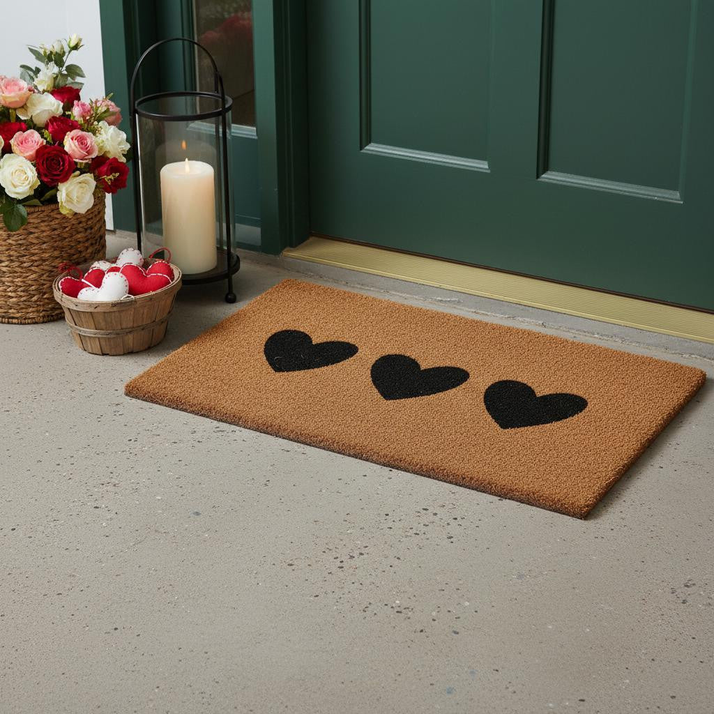 17 X 29 Brown And Black Three Hearts Outdoor Coir Door Mat