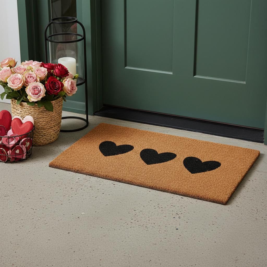 24 X 36 Brown And Black Three Hearts Outdoor Coir Door Mat