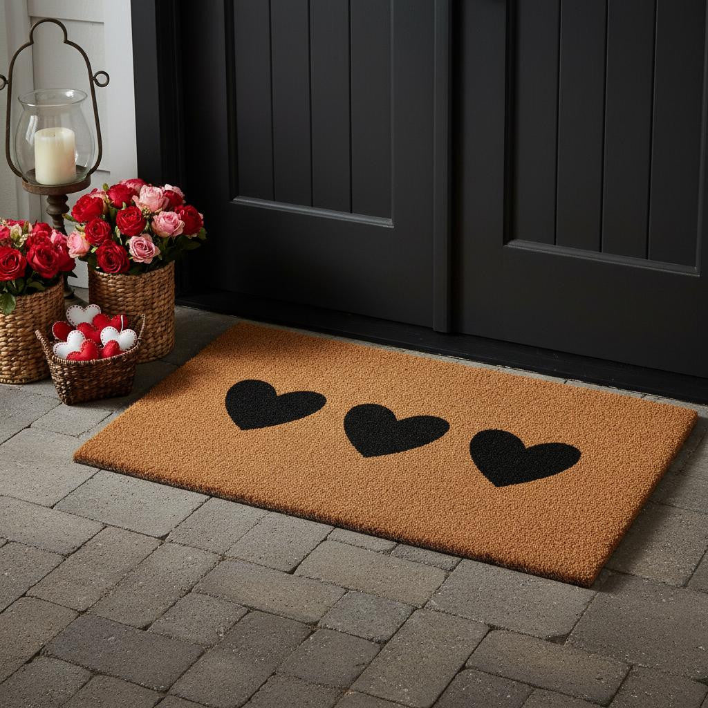 30 X 48 Brown And Black Three Hearts Outdoor Coir Door Mat