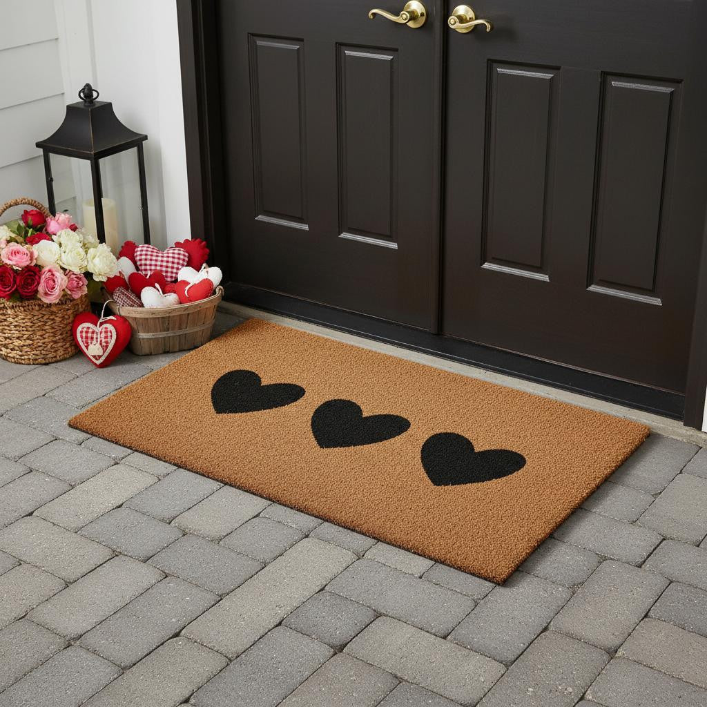 36 X 72 Brown And Black Three Hearts Outdoor Coir Door Mat