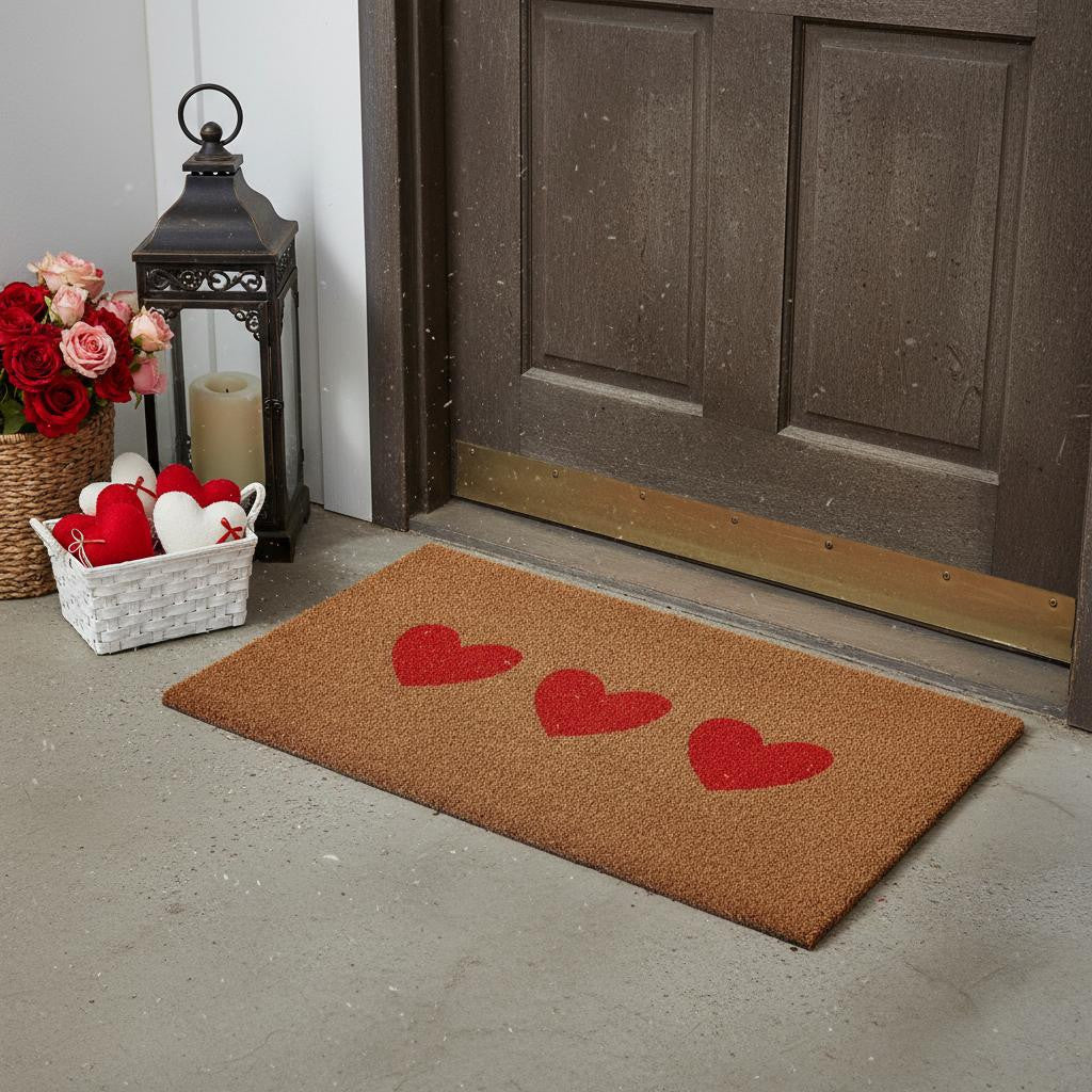 17 X 29 Brown And Red Three Hearts Outdoor Coir Door Mat