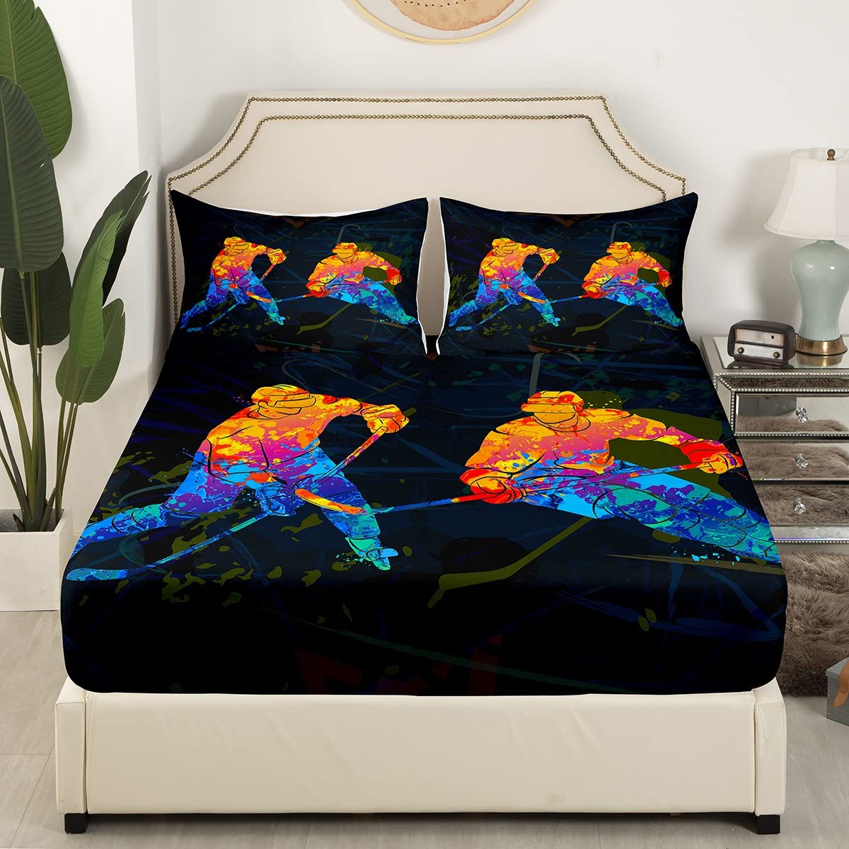 Feelyou Ice Hockey Game Sheets Set Competieive Puck Bedding Set For Kids Bed Sheet Set Red Light Players Sheets With Deep Pocket