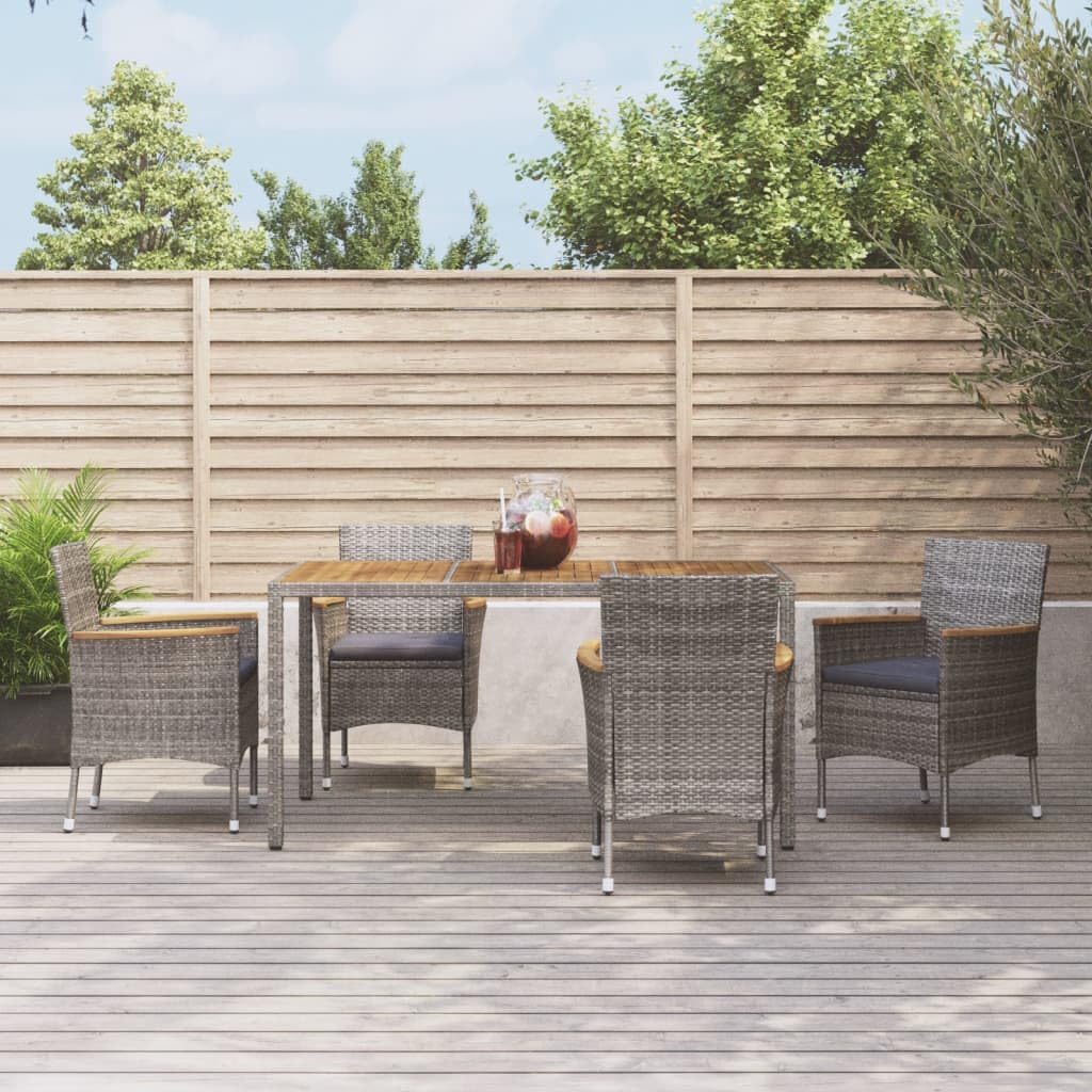 vidaXL 5-Piece Patio Dining Set – Gray Poly Rattan with Acacia Wood Table and Cushioned Chairs – Perfect for Outdoor Garden, Patio, Deck