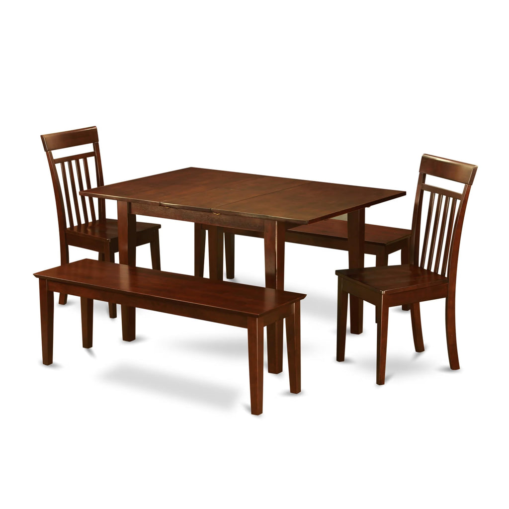 East West Furniture MLCA5C-MAH-W 5 Piece Dining Room Furniture Set Includes a Rectangle Kitchen Table with Butterfly Leaf and 2 Dining Chairs with 2 Benches, 36x54 Inch, Mahogany