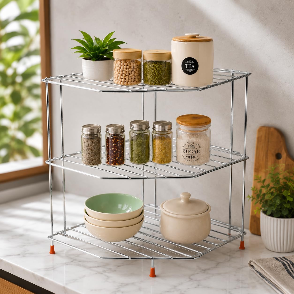3Tier Corner Kitchen Shelf Rack, Chrome Wire Countertop Organiser