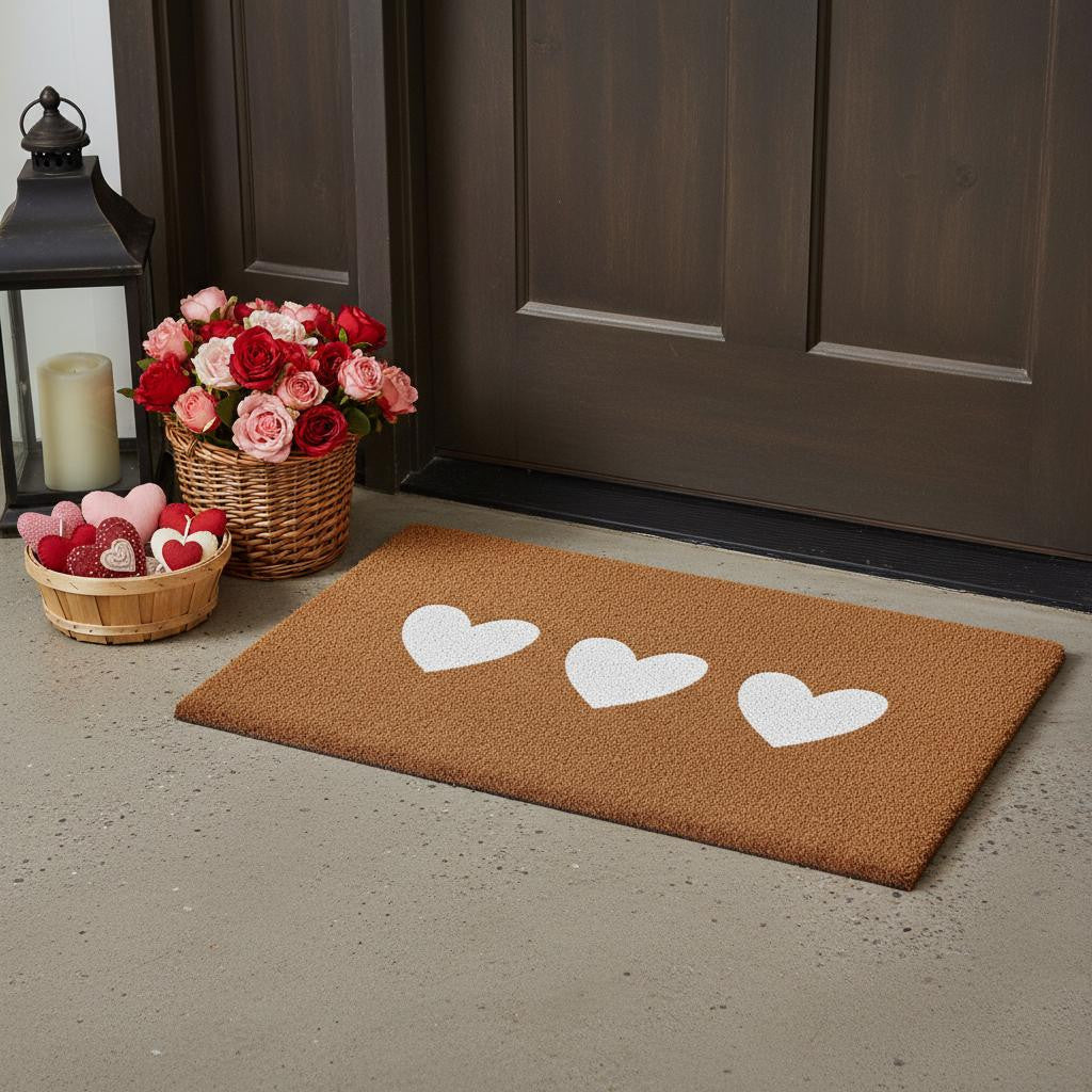 12 X 24 Brown And White Three Hearts Outdoor Coir Door Mat