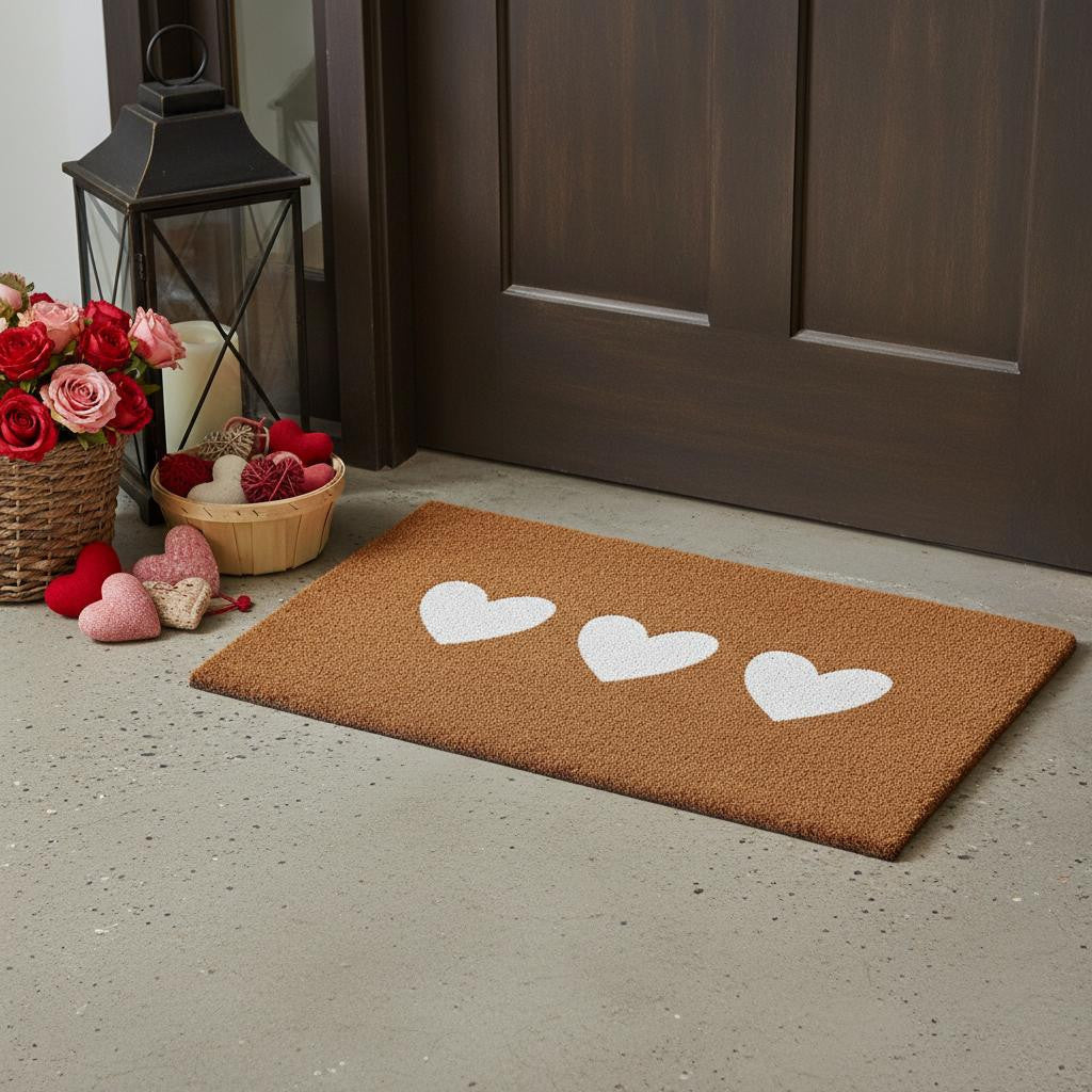 17 X 29 Brown And White Three Hearts Outdoor Coir Door Mat