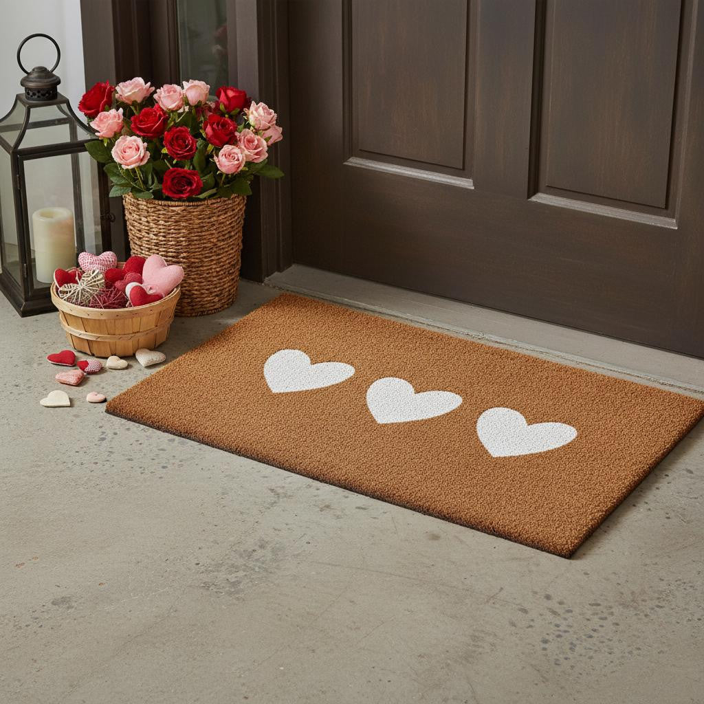 24 X 36 Brown And White Three Hearts Outdoor Coir Door Mat
