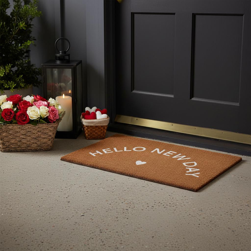 24 X 36 Brown And White Hello New Day Outdoor Coir Door Mat