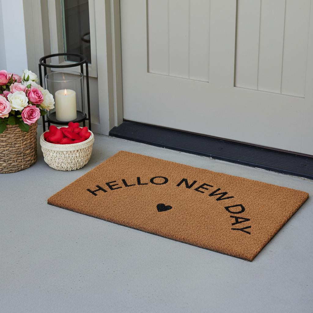 17 X 29 Brown And Black Hello New Day Outdoor Coir Door Mat