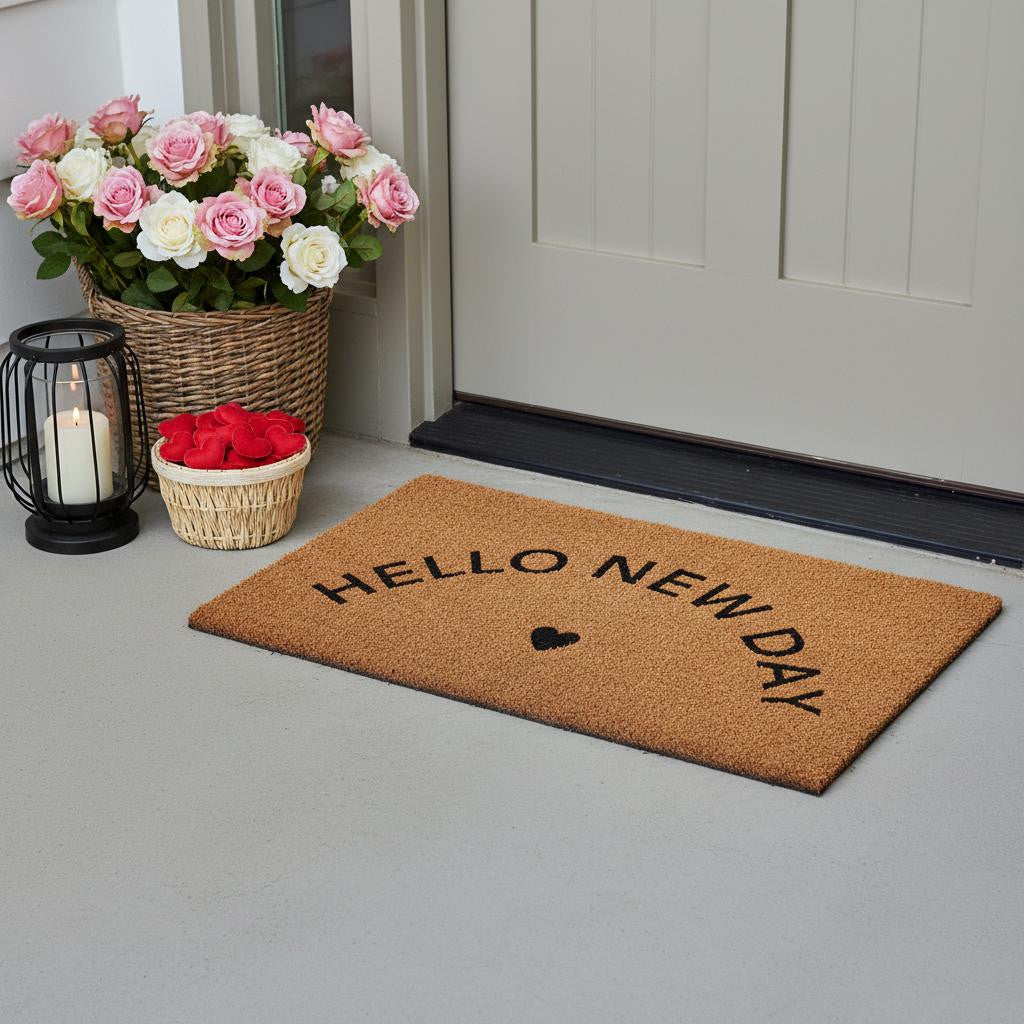 24 X 36 Brown And Black Hello New Day Outdoor Coir Door Mat
