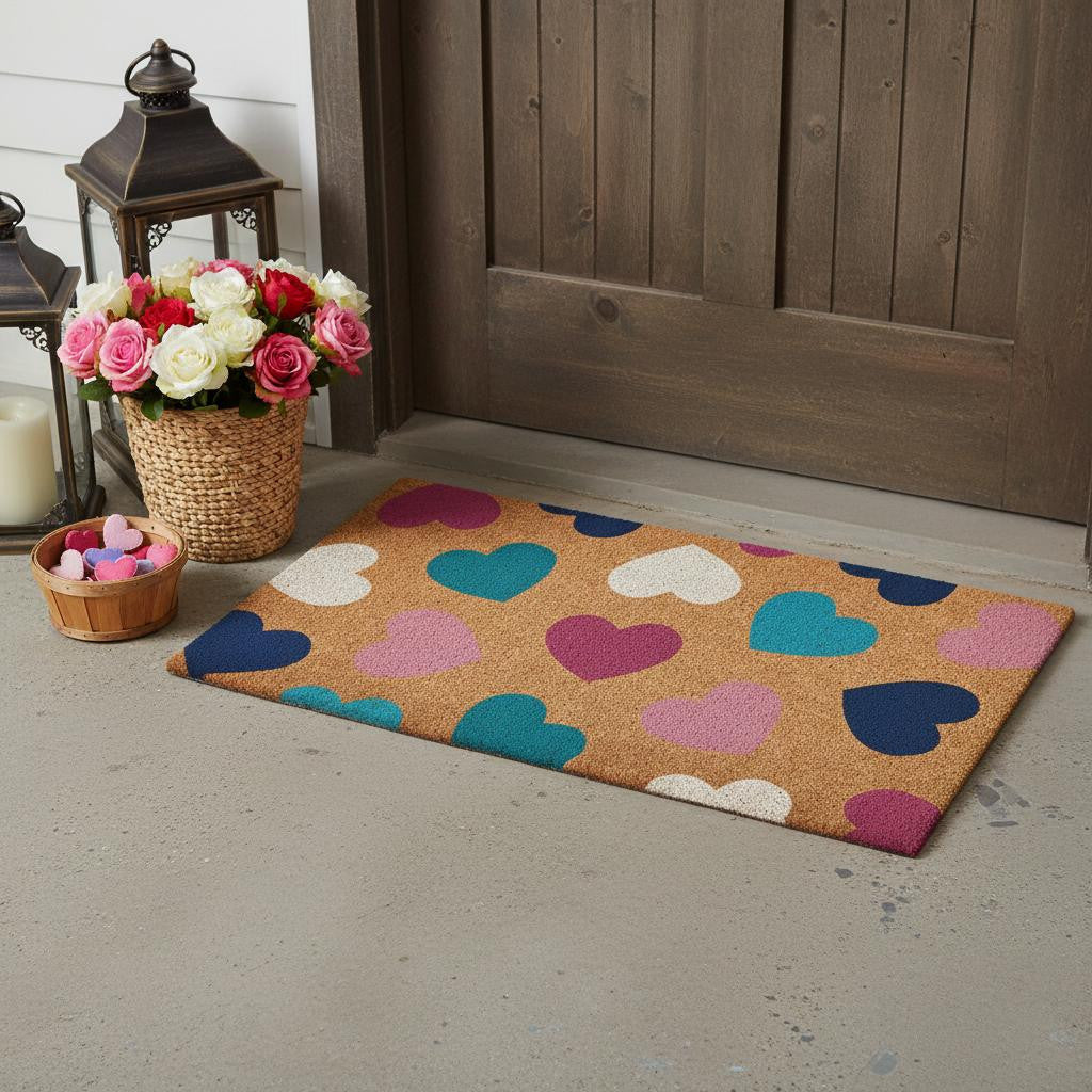 17 X 29 Brown Blue Navy Blue And Light Pink Hearts Outdoor Coir Door Mat