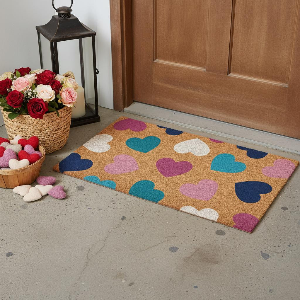 24 X 36 Brown Blue Navy Blue And Light Pink Hearts Outdoor Coir Door Mat