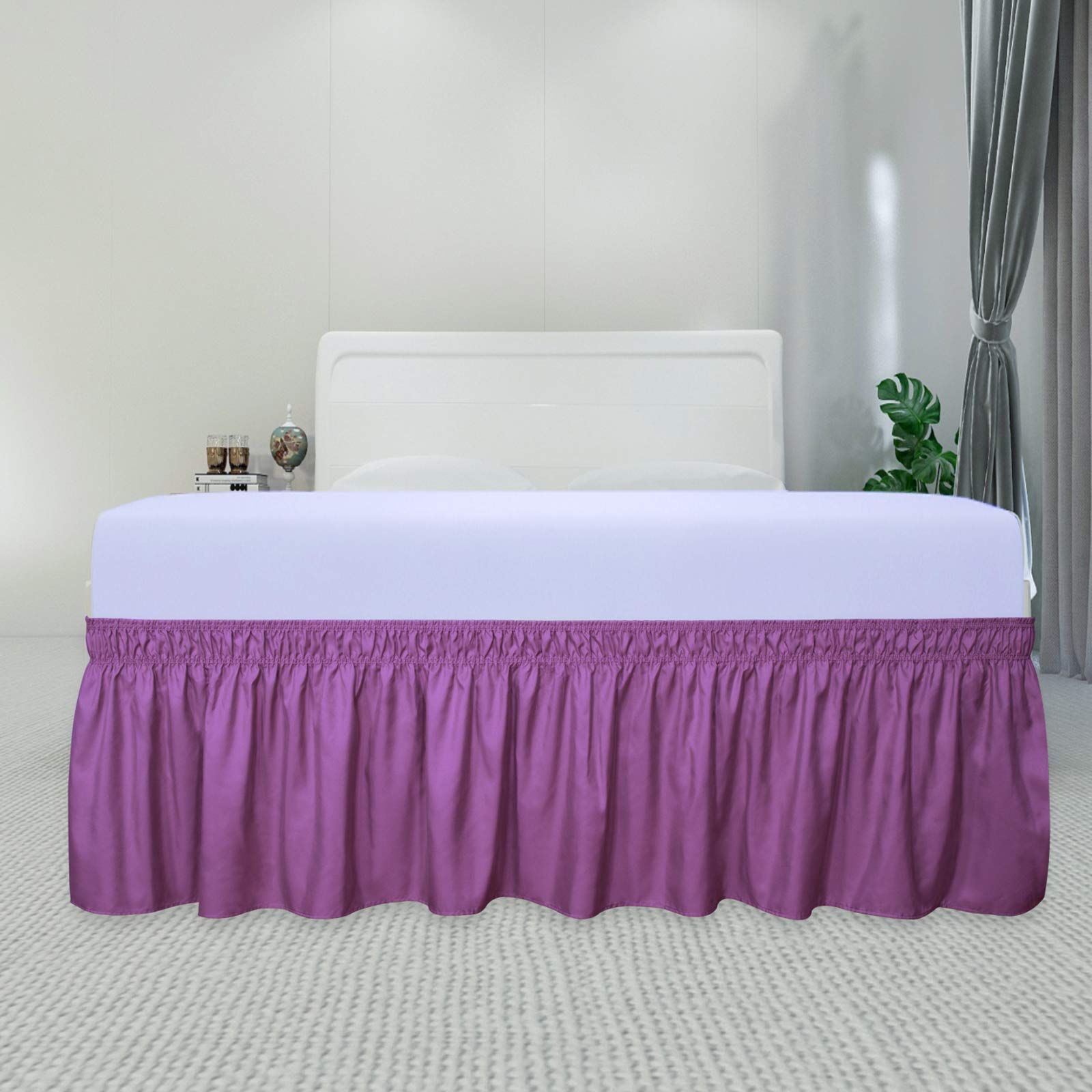 Purefit Wrap Around Ruffled Bed Skirt With Adjustable Elastic Belt - 18 Inch Drop Easy To Put On, Wrinkle Free Bedskirt Dust Ruffles, Bed Frame Cover For Twin,Twin Xl And Full Size Beds, Purple