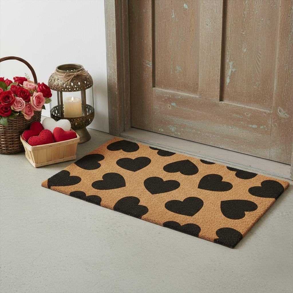 17 X 29 Brown And Black Hearts Outdoor Coir Door Mat