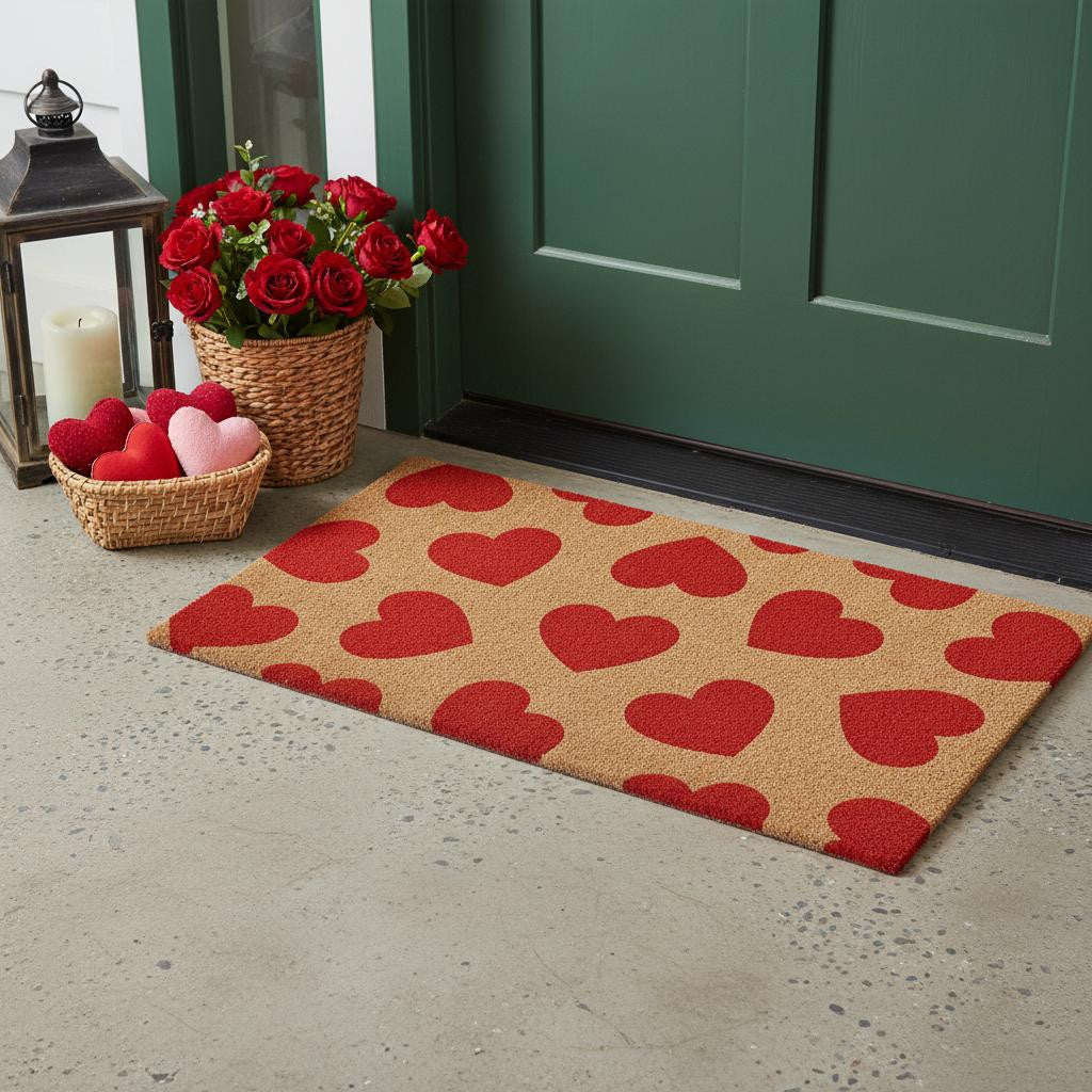 17 X 29 Brown And Red Hearts Outdoor Coir Door Mat
