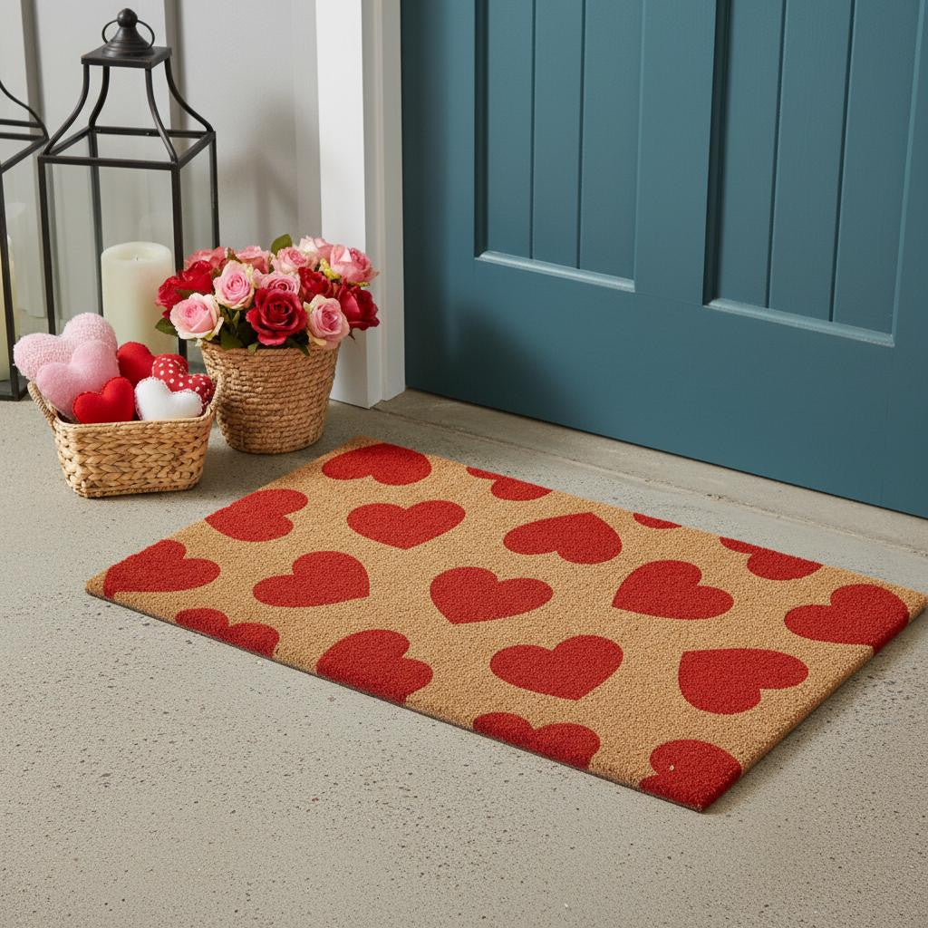24 X 36 Brown And Red Hearts Outdoor Coir Door Mat