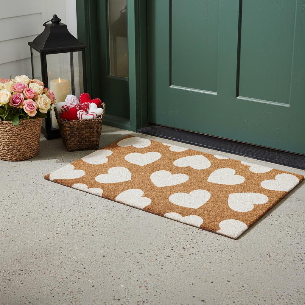 17 X 29 Brown And White Hearts Outdoor Coir Door Mat