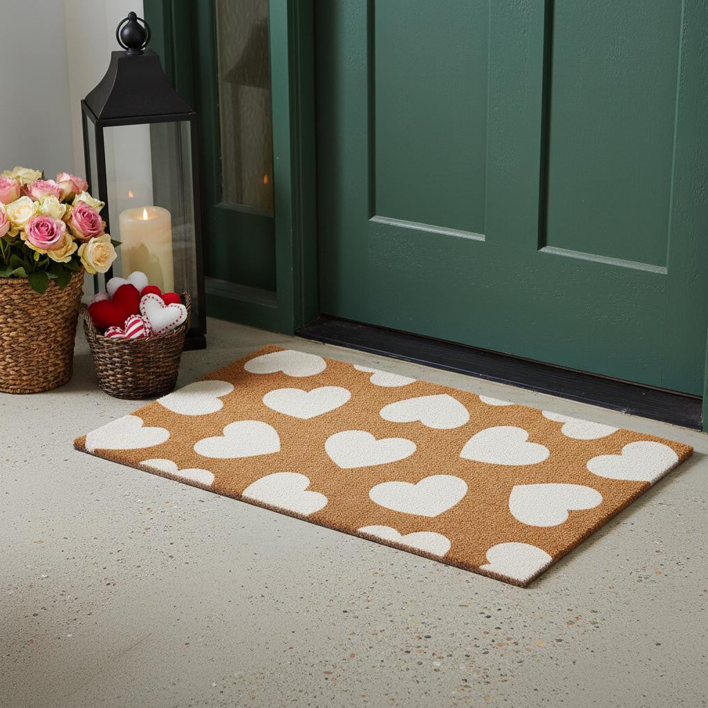 24 X 36 Brown And White Hearts Outdoor Coir Door Mat