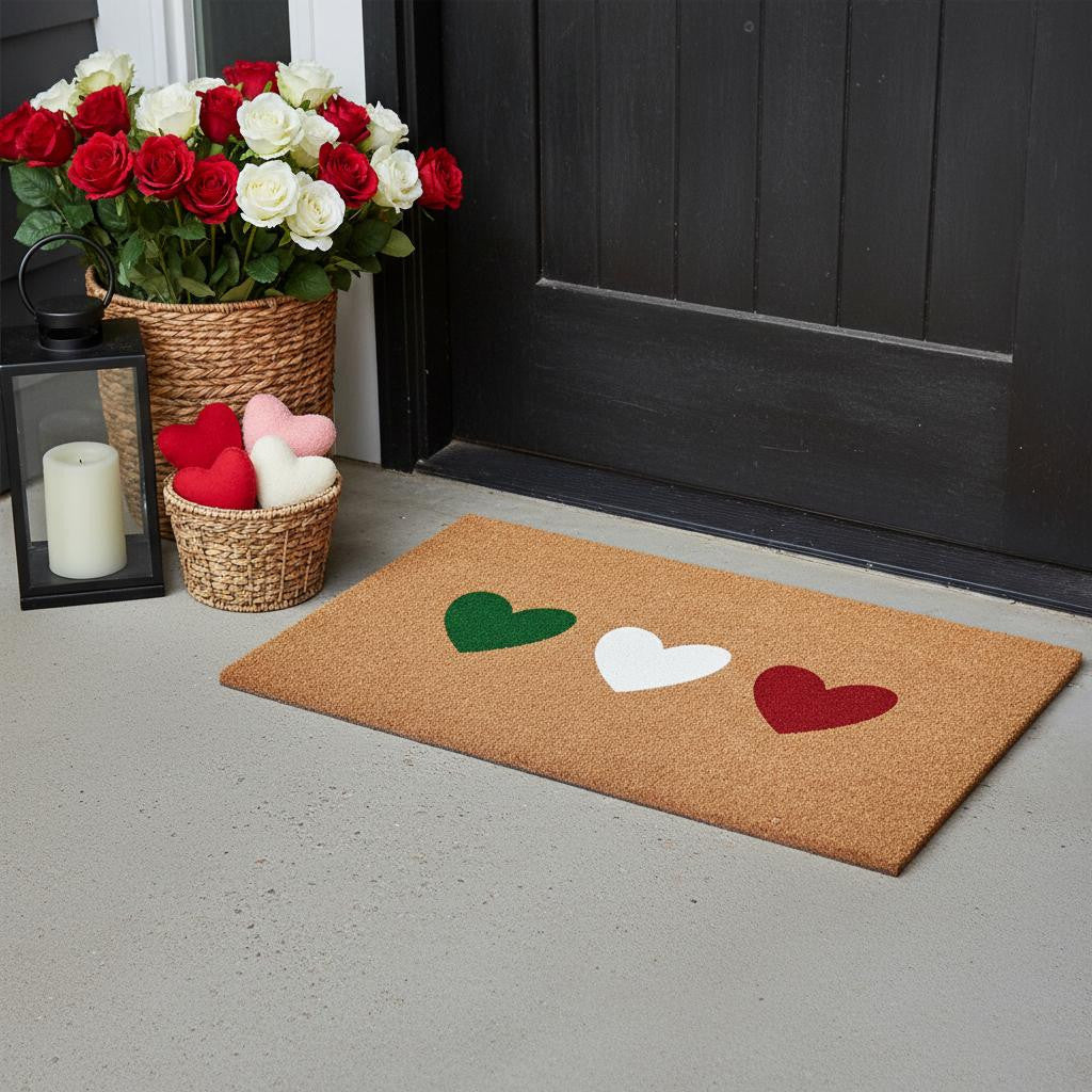 17 X 29 Brown Green White And Red Three Hearts Outdoor Coir Door Mat