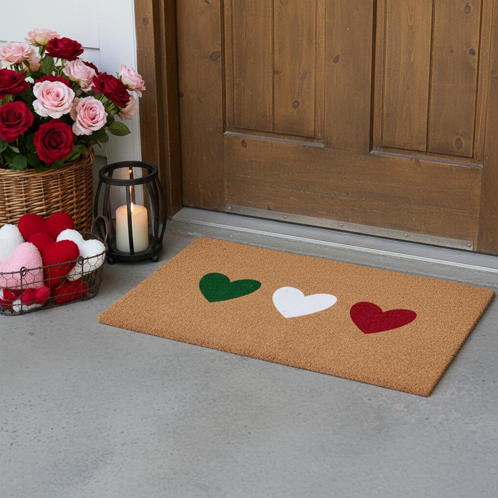 24 X 36 Brown Green White And Red Three Hearts Outdoor Coir Door Mat