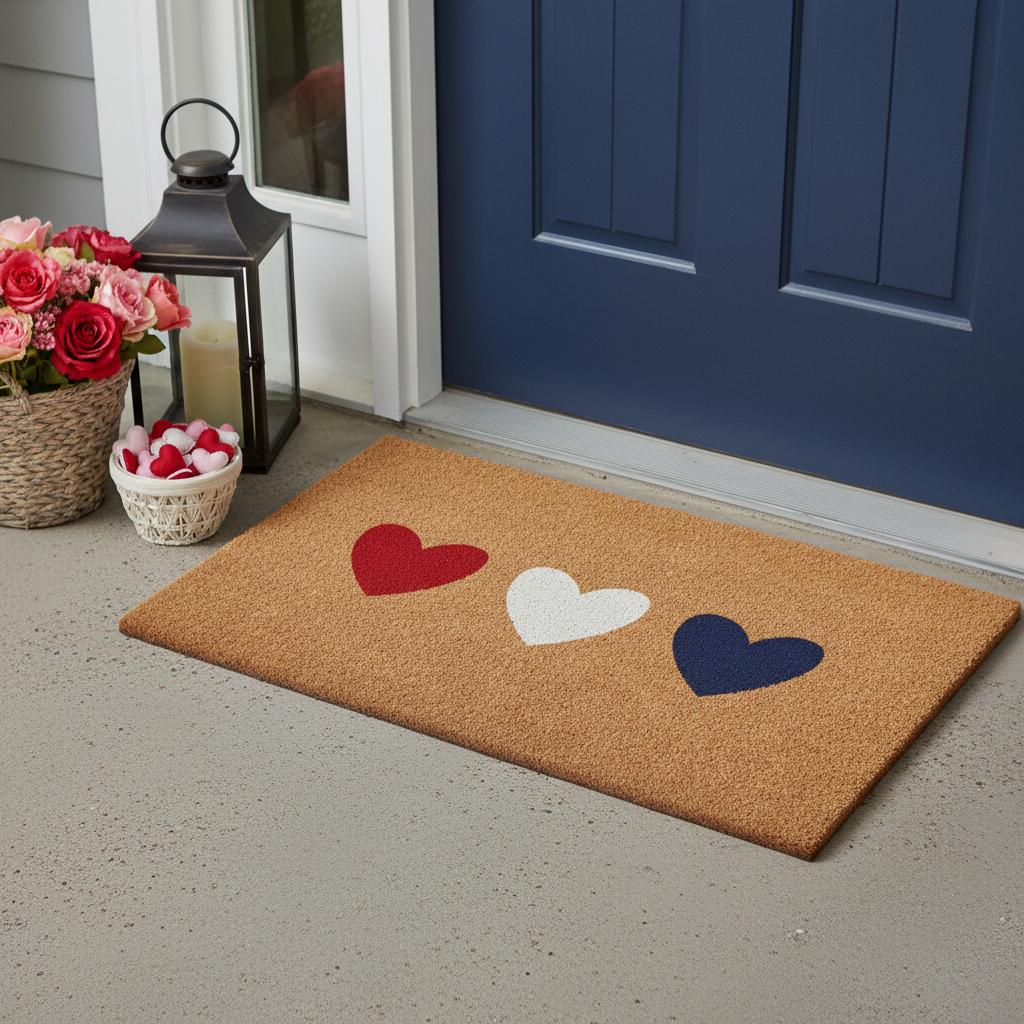 17 X 29 Brown Red White And Blue Three Hearts Outdoor Coir Door Mat