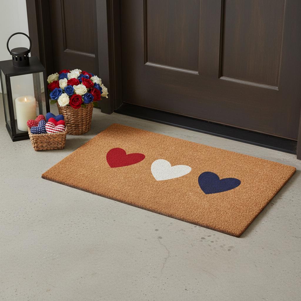 24 X 36 Brown Red White And Blue Three Hearts Outdoor Coir Door Mat