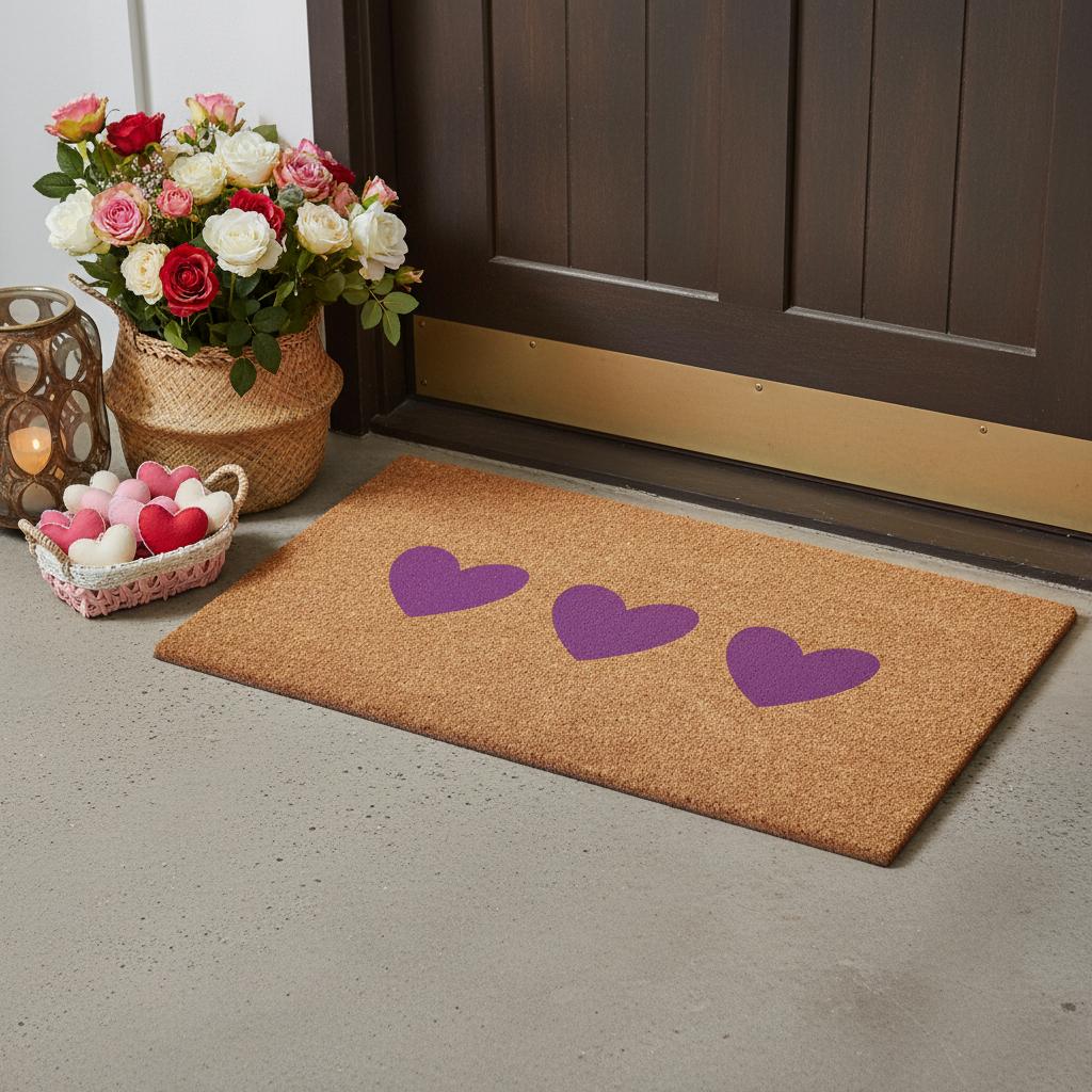 17 X 29 Brown And Pink Three Hearts Outdoor Coir Door Mat