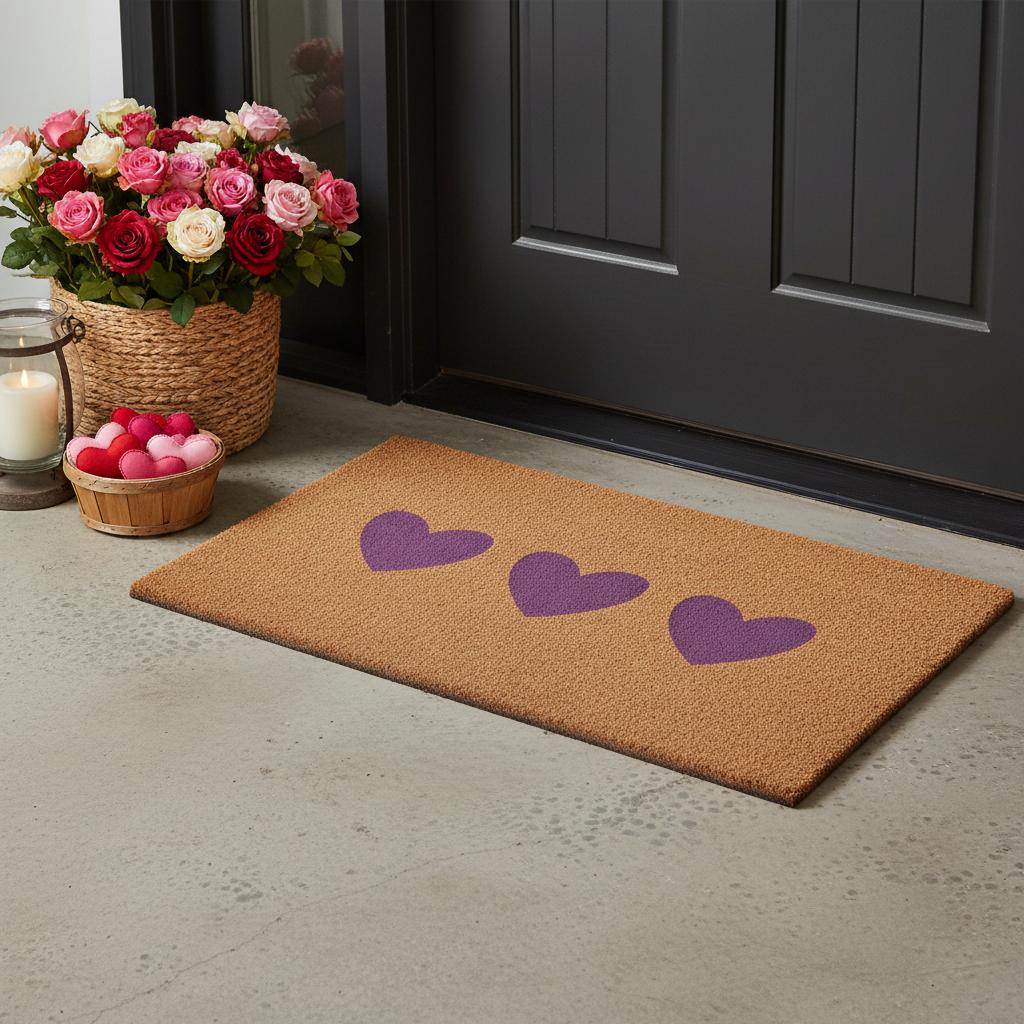 24 X 36 Brown And Pink Three Hearts Outdoor Coir Door Mat