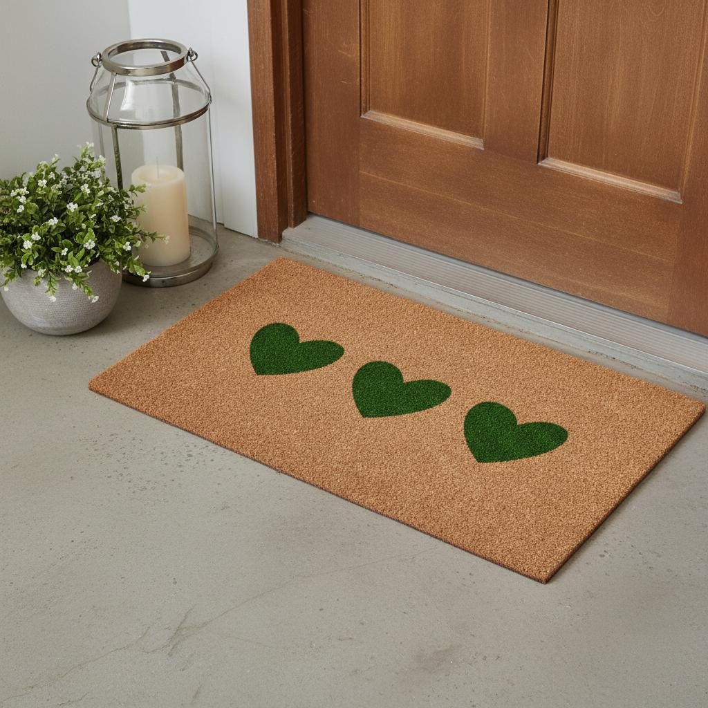 17 X 29 Brown And Green Three Hearts Outdoor Coir Door Mat