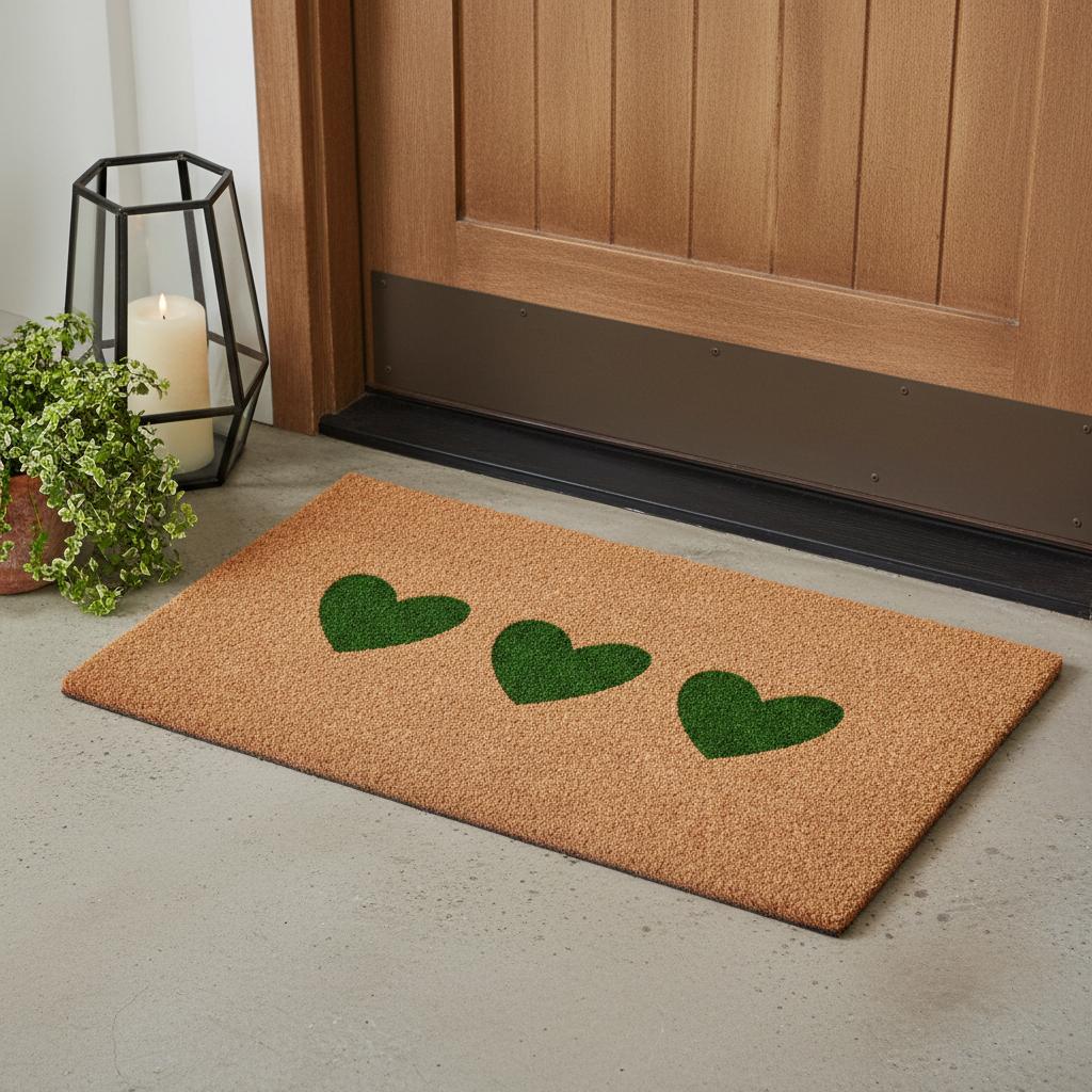 24 X 36 Brown And Green Three Hearts Outdoor Coir Door Mat