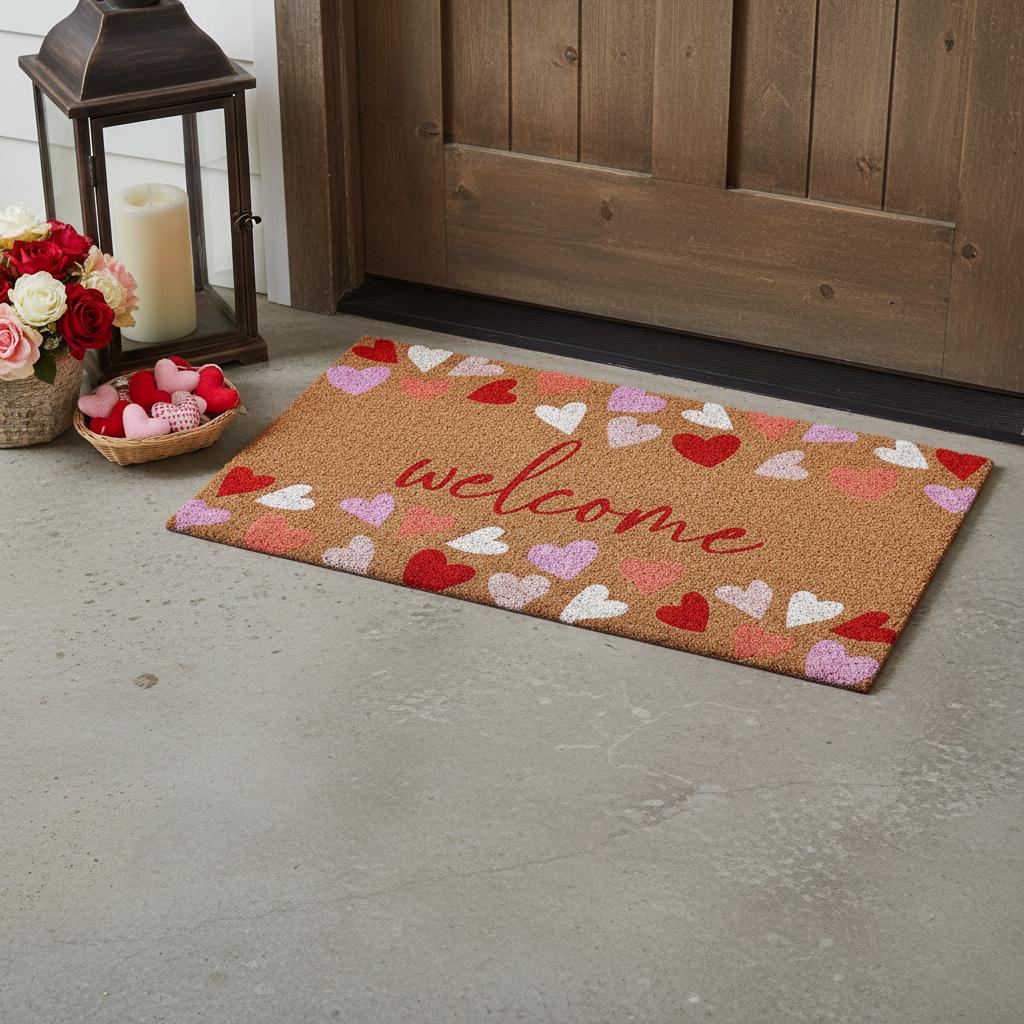 17 X 29 Brown Pink Red And White Hearts Welcome Outdoor Coir Door Mat