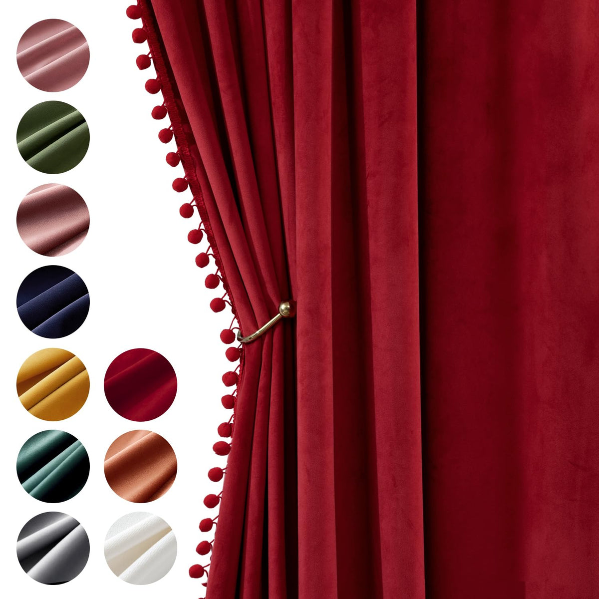 Miulee Red Pom Pom Velvet Curtains For Bedroom/Living Room Darkening Thermal Insulating 96 Inches Long Christmas Blackout Curtai